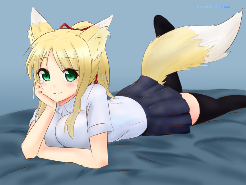 bed big_breasts blonde_hair blush breasts female furniture glistening glistening_eyes green_eyes hair looking_at_viewer lying on_front raised_tail solo tail nao_(artist) animal_humanoid canid canid_humanoid canine canine_humanoid fox_humanoid humanoid mammal mammal_humanoid 4:3 absurd_res digital_media_(artwork) hi_res shaded