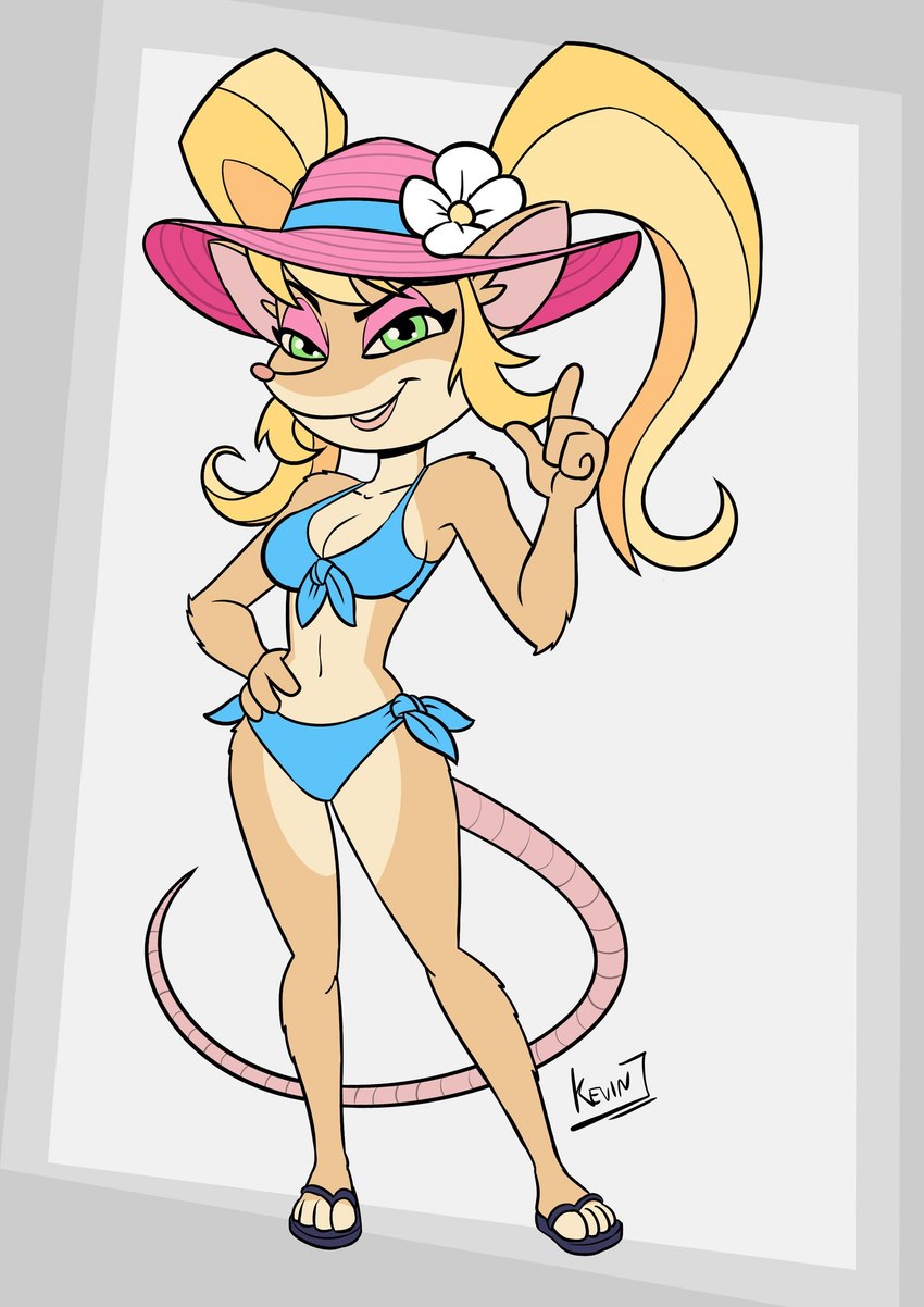 anthro bikini blonde_hair breasts cleavage clothed clothing eyeshadow female flower_in_hat footwear fur green_eyes hair hat headgear headwear lipstick makeup paws pigtails sandals scarf shoes solo summer sun_hat swimwear thick_thighs tight_clothing two-piece_swimsuit kevintrentin activision crash_bandicoot_(series) crash_team_racing_(series) pasadena_o'possum hi_res