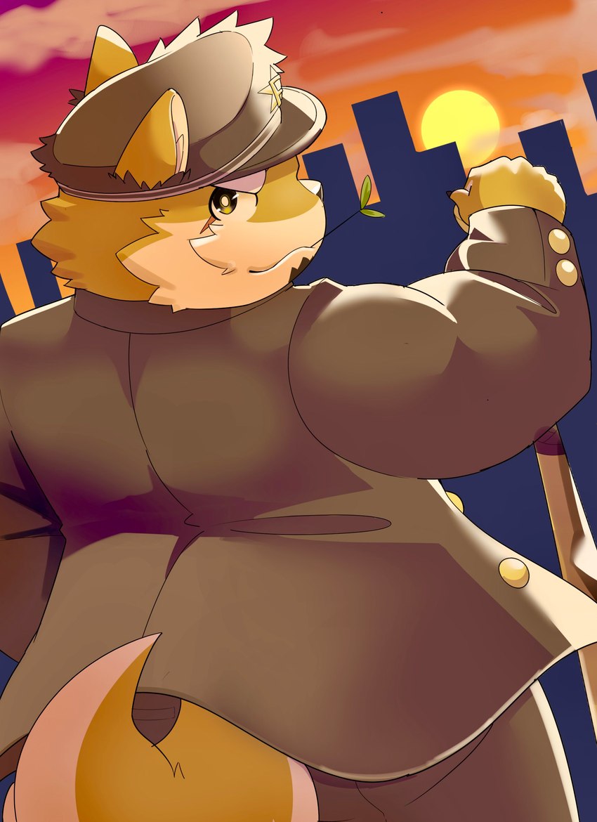 anthro bancho city clothing facial_hair fur hat headgear headwear male mustache rear_view scar short_stack solo sunset yellow_body yellow_fur amidasuke lifewonders live_a_hero procy canid canine canis domestic_dog mammal absurd_res hi_res