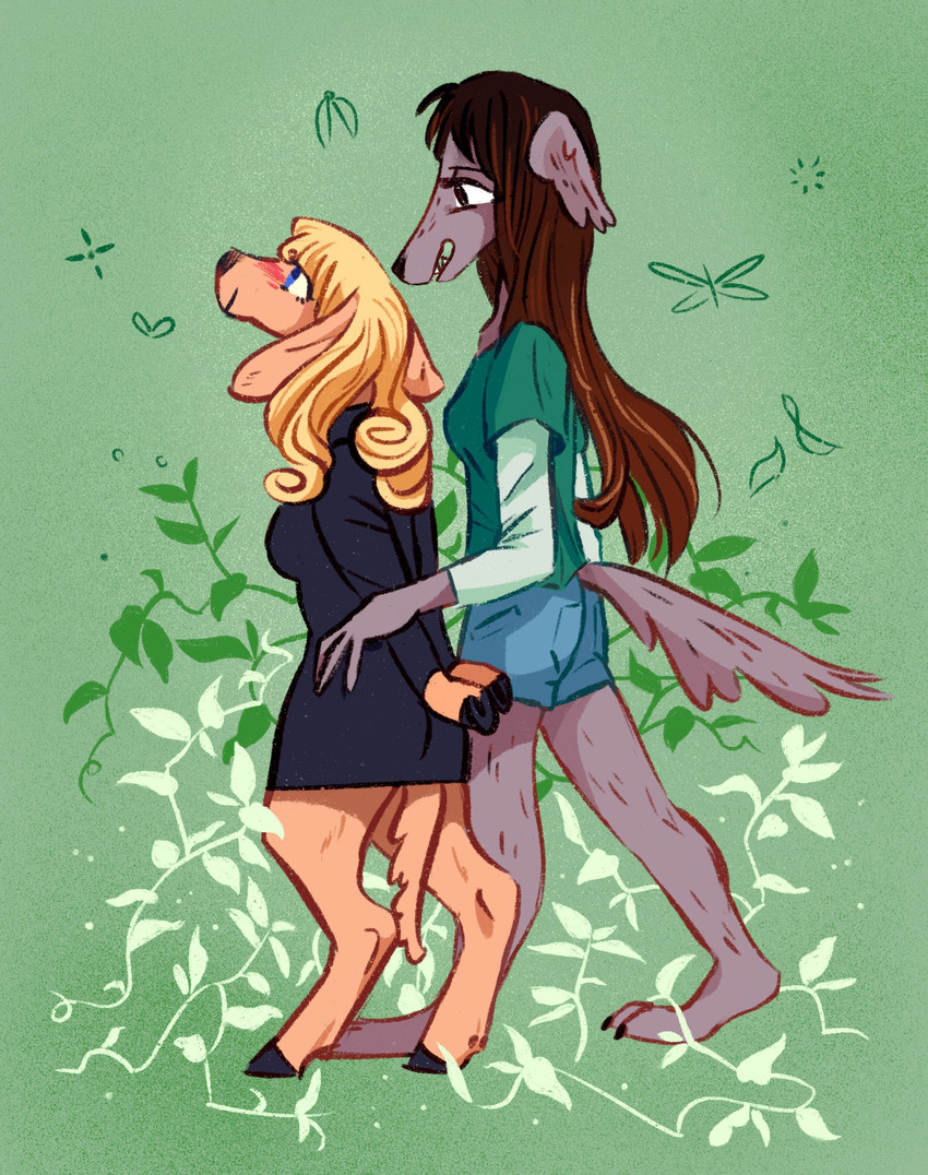 anthro blonde_hair blush bottomwear brown_hair clothing dress duo female green_background hair romantic romantic_couple shirt shorts simple_background topwear walking uzon basha_(uzon) jessie_(uzon) canid canine canis deer mammal wolf absurd_res hi_res