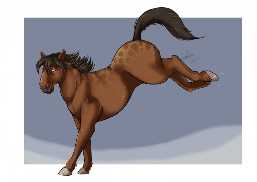 ambiguous_gender blue_eyes brown_body brown_hair brown_mane brown_tail bucking feral hair hooves looking_back mane raised_tail simple_background solo tail kaeaskavi dolero equid equine horse mammal 2022 digital_media_(artwork)