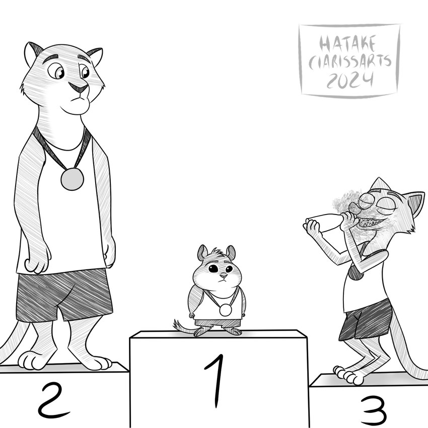 anthro celebration from_front_position group male male/male medal trio victory_position hatakeclarissarts disney inktober olympics zootopia duke_weaselton cougar cricetid felid feline hamster mammal mustelid musteline rodent true_musteline weasel 1:1 2024 hi_res monochrome