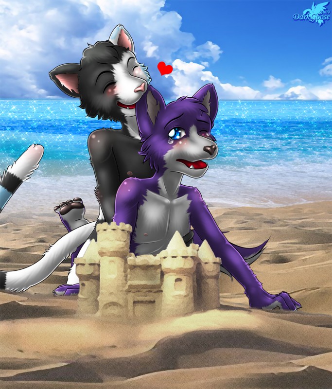 anthro beach bite blue_eyes blush cloud detailed_background duo ear_bite eyes_closed fur male male/male multicolored_body multicolored_fur multicolored_tail nibbling nipples one_eye_closed open_mouth outside pawpads paws purple_body purple_fur raised_tail romantic romantic_couple sand sea seaside sky tail water young young_anthro darkgoose skylar_wing zander_oro canid canine canis domestic_cat felid feline felis mammal wolf 2009 hi_res