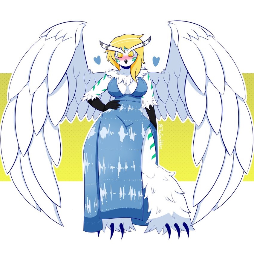 anthro beak blue_clothing blue_dress blush breasts clothing dress feathers feet female hand_on_hip heart_symbol solo talons toes white_body white_feathers yellow_eyes thegentlebro shiloh_(hoodiemon) avian bird 1:1 2017 digital_media_(artwork) hi_res