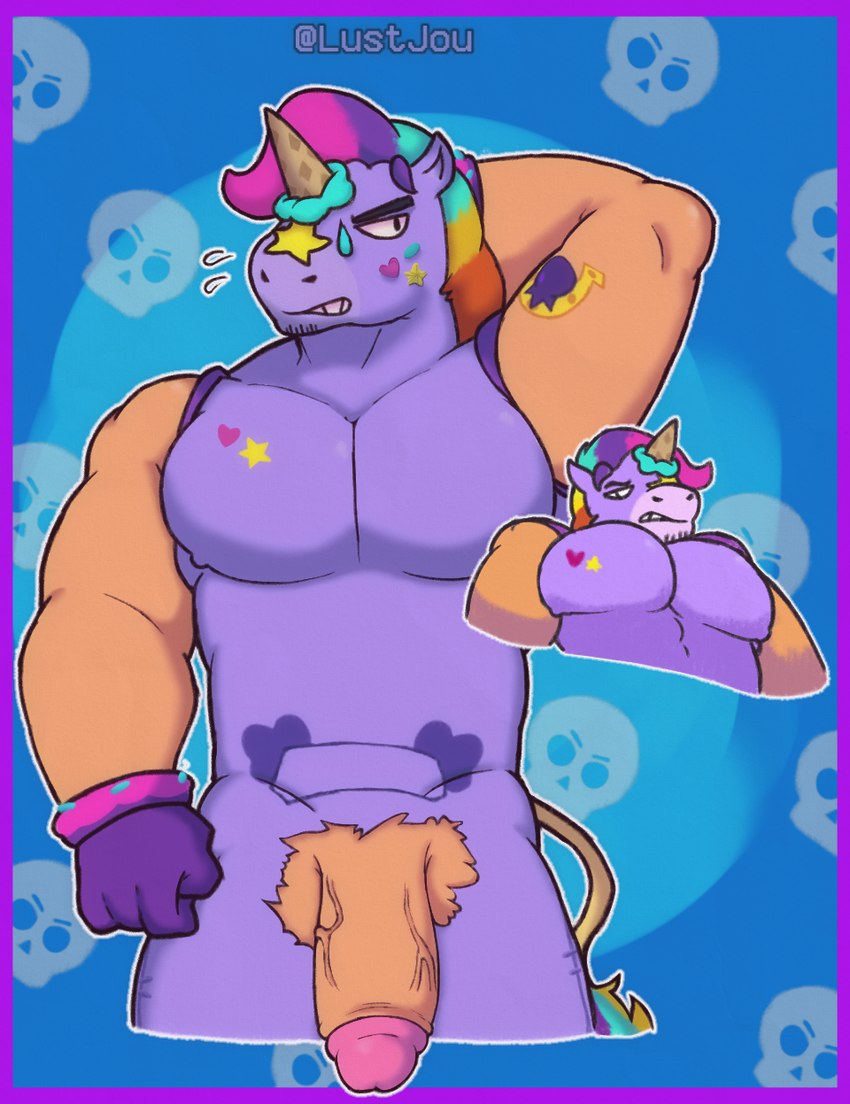 anthro blue_background blush building clothing cutaway food genitals gloves handwear horn house ice_cream_cone male muscular muscular_male pecs penis purple_clothing simple_background solo star tail lustjou brawl_stars mythology supercell_(company) berry_(brawl_stars) equid equine mammal mythological_creature mythological_equine unicorn digital_media_(artwork) hi_res