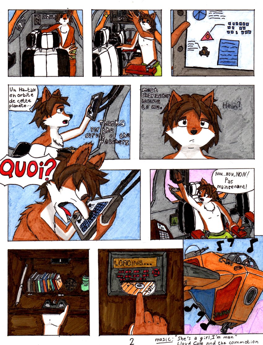 alien_planet anthro clothed clothing dialogue male musical_note musical_symbol pilot planet solo spacecraft speech_bubble symbol text topless topless_male vehicle xefino stargate the_adventure_of_xefino adrien_warmher artesian canid canine canis fox hybrid mammal wolf absurd_res comic english_text french_text hi_res traditional_media_(artwork)