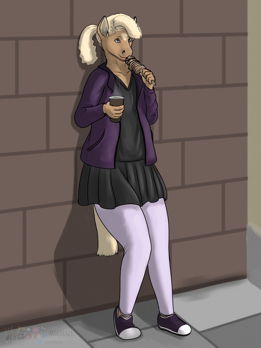 beverage blonde_hair bottomwear brown_body brown_eyes brown_fur clothed clothing coffee dress femboy food footwear fur hair holding_food holding_object jacket leaning_on_wall leggings legwear ponytail shoes skewer skirt solo standing topwear yakitori mglblaze equid equine horse mammal 3:4 hi_res