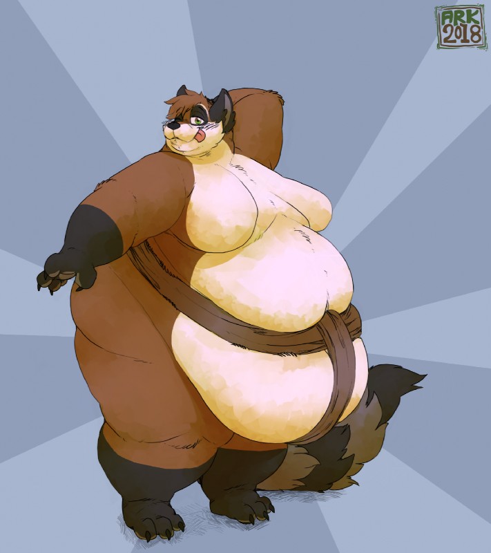 anthro asian_clothing belly belly_overhang big_belly black_body black_fur brown_body brown_fur claws clothed clothing double_chin east_asian_clothing fur hand_behind_head hanging_belly japanese_clothing male markings mawashi moobs obese obese_anthro obese_male one_eye_closed overweight overweight_anthro overweight_male ring_(marking) ringed_tail smile solo standing striped_markings striped_tail stripes sumo tail tail_markings thick_thighs toe_claws tongue tongue_out wink arkveveen_(artist) beeton mammal procyonid raccoon 2018 hi_res