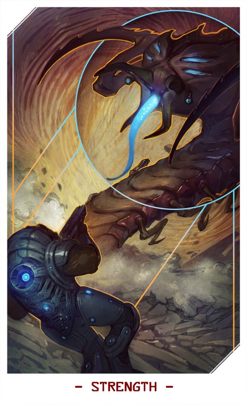 anthro armor card card_template duo feral fortune_telling glowing gun macro major_arcana multi_limb ranged_weapon short_tail size_difference strength_(tarot) tail tarot tarot_card tongue tongue_out weapon alteya bioware electronic_arts mass_effect grunt_(mass_effect) alien arthropod insect krogan monster thresher_maw hi_res