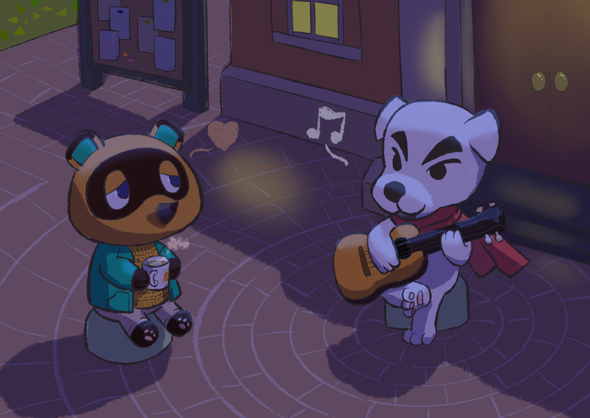 acoustic_guitar anthro beverage bottomwear brown_body brown_fur clothed clothing coffee detailed_background duo fur guitar heart_symbol musical_instrument outside pants plucked_string_instrument scarf shirt sitting slightly_chubby string_instrument topwear white_body white_fur hokolee32 animal_crossing nintendo k.k._slider tom_nook_(animal_crossing) canid canine canis domestic_dog mammal raccoon_dog tanuki 2020 hi_res