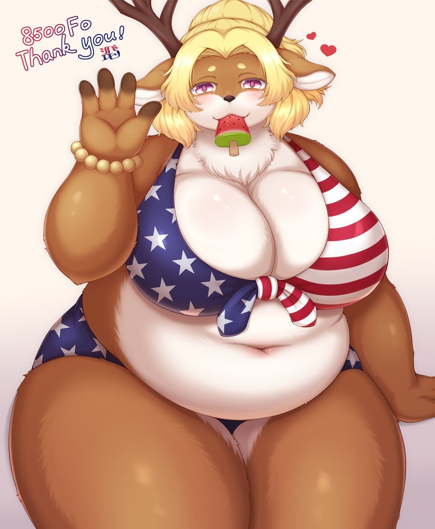 4_fingers :3 alternative_fashion american_flag american_flag_bikini anthro antlers belly big_belly big_breasts bikini biped blonde_hair blue_bottomwear blue_clothing blue_topwear bottomwear bracelet breasts brown_antlers brown_body brown_ears brown_fur brown_horn brown_nose chest_tuft cleavage clothed clothing countershade_face countershade_legs countershade_torso countershading curvy_figure deep_navel female fingerless_(marking) fingers flag flag_bikini flag_clothing flag_print flag_swimwear food front_view fruit fully_clothed fur ganguro_(fashion) gesture glistening glistening_body glistening_breasts glistening_fur gyaru hair heart_reaction heart_symbol horn huge_breasts humanoid_hands j-fashion jewelry kemono looking_at_viewer melon midriff milestone monotone_hair mouth_hold multicolored_body multicolored_fur navel overweight overweight_anthro overweight_female pink_eyes pink_pupils plant popsicle popsicle_in_mouth print_bikini print_clothing print_swimwear pupils red_clothing red_topwear simple_background smile solo standing swimwear thick_thighs topwear tuft two-piece_swimsuit two_tone_body two_tone_fur united_states_of_america voluptuous watermelon watermelon_popsicle watermelon_slice waving white_background white_body white_countershading white_fur white_inner_ear wide_hips shibaemonxsk deer mammal new_world_deer reindeer colored digital_media_(artwork) hi_res portrait shaded three-quarter_portrait