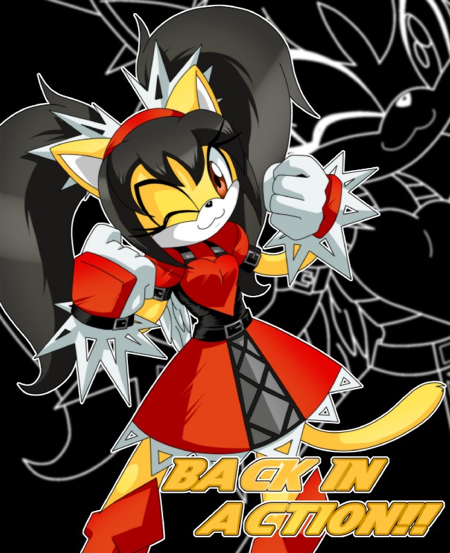 anthro black_background black_hair clothing female fur gloves hair handwear long_hair one_eye_closed pigtails simple_background solo text wink yellow_body yellow_fur trakker sega sonic_the_fighters sonic_the_hedgehog_(series) honey_the_cat domestic_cat felid feline felis mammal hi_res