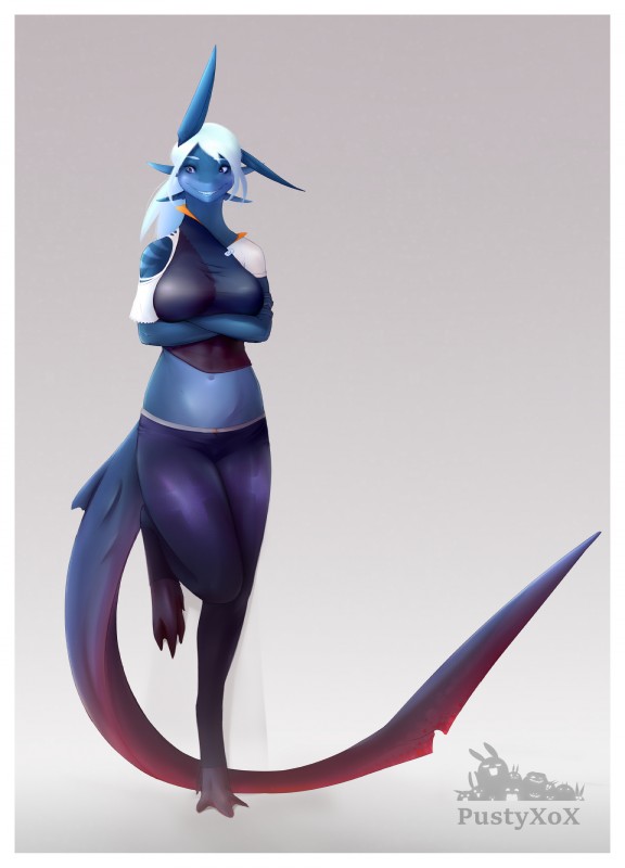 anthro blue_body blue_scales border bottomwear clothing crossed_arms female front_view hair long_tail looking_aside looking_down midriff multicolored_body multicolored_scales navel on_one_leg pants purple_eyes scales sharp_teeth solo standing tail teeth white_border white_hair pustyxox josa fish marine shark absurd_res hi_res