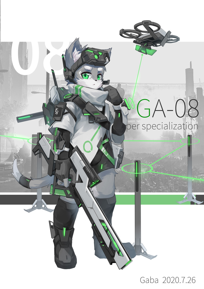 anthro armor backpack bandolier boots clothed clothing drone_(vehicle) eyewear eyewear_on_head footwear fur futuristic futuristic_armor futuristic_gun gloves goggles goggles_on_head green_eyes grey_body grey_fur gun handwear headgear high_tech_armor holding_gun holding_object holding_ranged_weapon holding_weapon kemono machine male poncho ranged_weapon rifle science_fiction shoes sniper sniper_rifle solo tron_lines weapon wrist_computer young gabafw canid canine canis mammal wolf 2020 absurd_res artist_name dated full-length_portrait hi_res portrait