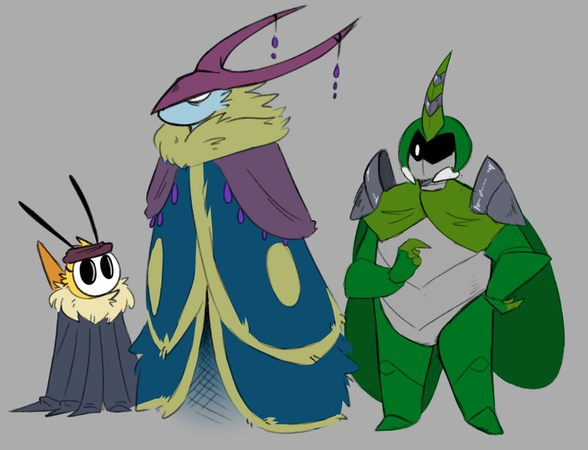 1_horn ambiguous_gender antennae_(anatomy) anthro black_outline cloak clothing cosplay crossover_cosplay female grey_background group horn male mask mouthless outline simple_background trio weapon_on_back dooblebugs bug_fables hollow_knight moonsprout_games team_cherry kabbu_(bug_fables) leif_(bug_fables) markoth_(hollow_knight) the_knight_(hollow_knight) vi_(bug_fables) arthropod bee beetle hymenopteran insect lepidopteran moth 2021 crossover digital_media_(artwork) flat_colors hi_res female_(lore)