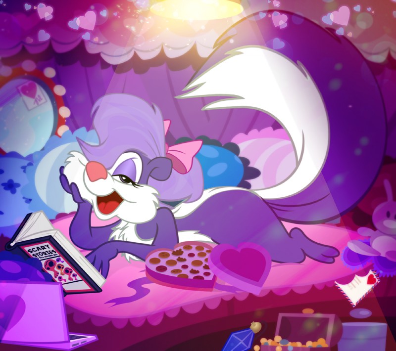 anthro book candy computer dessert electronics female food fur looking_at_viewer lying multicolored_body multicolored_fur open_mouth purple_body purple_fur solo pixelkitties tiny_toon_adventures warner_brothers fifi_la_fume mammal mephitid skunk hi_res