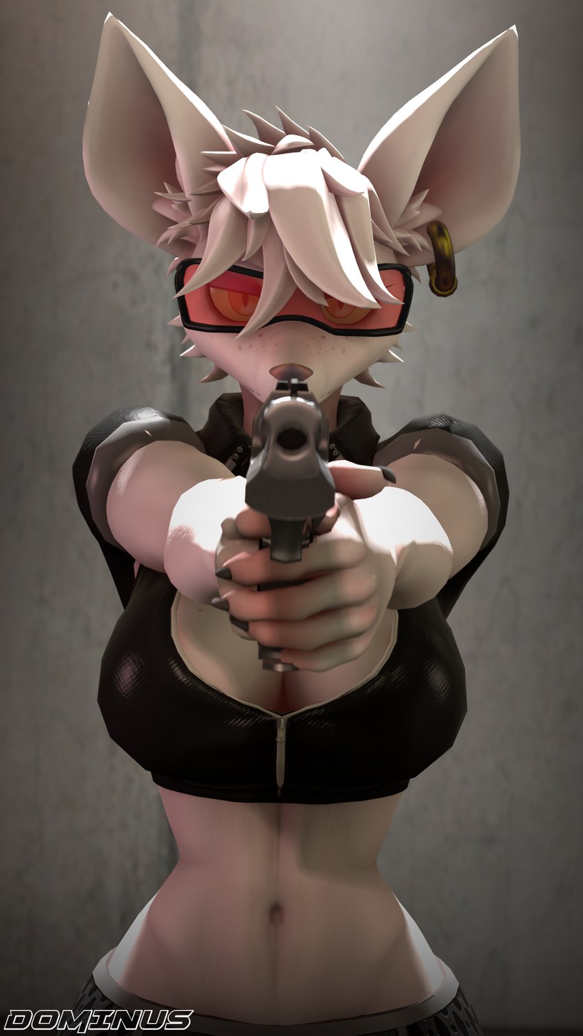 aiming_at_viewer aiming_weapon anthro big_breasts black_clothing black_crop_top black_shirt black_topwear breasts claws cleavage clothed clothing crop_top desert_eagle ear_piercing ear_ring eyewear female finger_claws freckled_breasts freckles fur goggles gold_(metal) gold_ear_ring gold_jewelry gun hair handgun holding_gun holding_handgun holding_object holding_pistol holding_ranged_weapon holding_weapon inner_ear_fluff jewelry navel orange_eyes piercing pistol ranged_weapon ring_piercing shirt solo topwear tuft weapon white_body white_fur white_hair zipper conditional_dnp domibun warfaremachine_(modeler) officer_flint_(foresttherotten) warfare_flint mammal murid murine rat rodent 3d_(artwork) 9:16 digital_media_(artwork) hi_res source_filmmaker_(artwork)