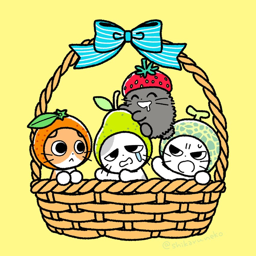 ambiguous_gender basket bodily_fluids clothing container feral group hat headgear headwear simple_background tears yellow_background mojacookie shikaruneko_(series) amayakasuneko nagameruneko shikaruneko ureuneko domestic_cat felid feline felis mammal 1:1 official_art