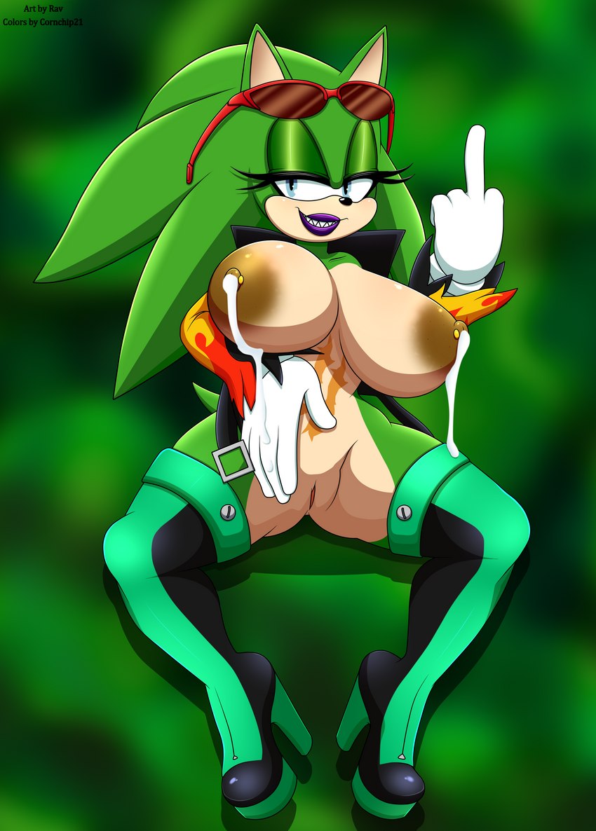 5_fingers anthro areola big_breasts blue_eyes bodily_fluids boots breasts clothed clothing crossgender eyelashes eyewear female fingers footwear fur genitals gesture glasses gloves green_background green_body green_fur green_hair hair hand_gesture handwear high_heeled_boots high_heels jacket lactating legwear lips looking_at_viewer middle_finger mtf_crossgender nipple_piercing nipples open_clothing open_jacket open_topwear piercing platform_footwear platform_heels purple_lips pussy scar shoes simple_background solo thigh_boots thigh_highs topwear white_clothing white_gloves white_handwear cornchip21 ravrous archie_comics sega sonic_the_hedgehog_(archie) sonic_the_hedgehog_(comics) sonic_the_hedgehog_(series) scourge_the_hedgehog eulipotyphlan hedgehog mammal 2018 absurd_res hi_res