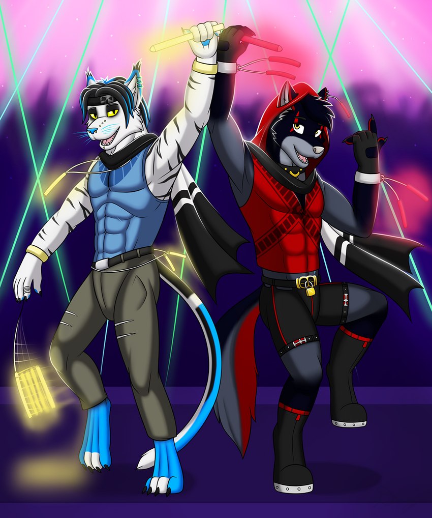 anthro dancing duo glowsticking glowstringing male muscular rave dregna canid canine canis felid mammal pantherine wolf hi_res