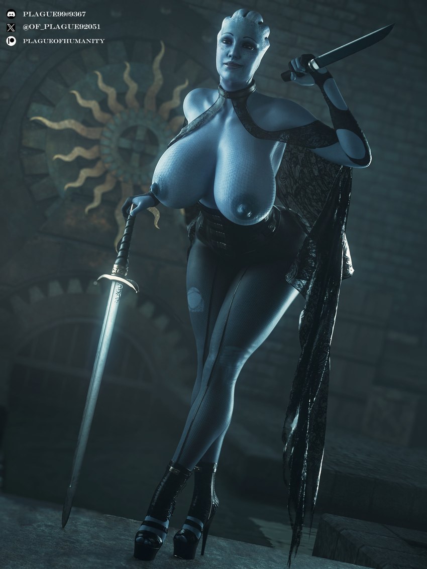 areola big_breasts big_butt blue_body breasts butt clothing corset dagger female footwear high_heels huge_breasts lingerie lips looking_at_viewer melee_weapon nipples pseudo_hair puffy_nipples shoes solo sword tentacle_hair tentacles thick_thighs topwear weapon wide_hips plague_of_humanity_(artist) bioware electronic_arts mass_effect liara_t'soni alien asari humanoid 3:4 3d_(artwork) absurd_res digital_media_(artwork) hi_res