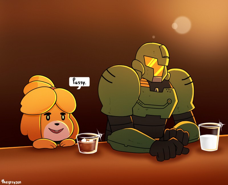 doom slayer and isabelle (animal crossing and etc) created by thegreyzen