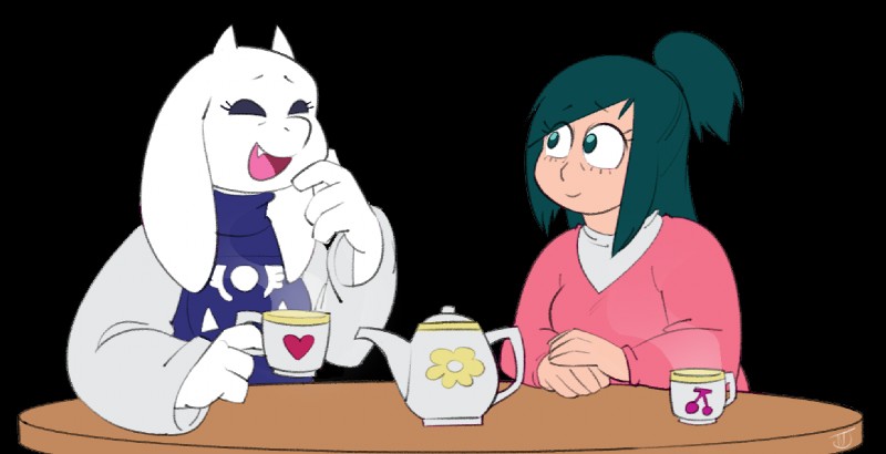 anthro beverage clothing duo fangs female fur furniture green_hair hair holidays horn ponytail robe simple_background slightly_chubby table tea teeth white_body white_fur naughtyjester mother's_day my_hero_academia undertale undertale_(series) inko_midoriya toriel boss_monster_(undertale) bovid caprine human mammal alpha_channel