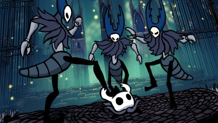 2_horns ambiguous_gender arthropod_abdomen biped black_eyes black_legs cloak clothing group horn kick lying on_front on_ground standing white_head lasocietedelirefacil abbacchio_joins_the_kicking hollow_knight jojo's_bizarre_adventure team_cherry mantis_lord_(hollow_knight) the_knight_(hollow_knight) arthropod vessel_(species) 2020 absurd_res digital_media_(artwork) hi_res meme