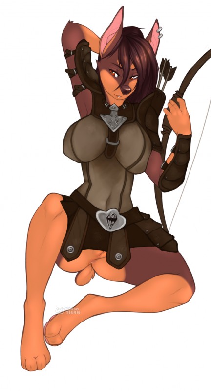 amber_eyes anthro anus armor arrow_(weapon) biped bow_(weapon) breasts brown_hair clothed clothing ear_piercing female genitals hair half-closed_eyes hand_behind_head holding_object holding_weapon looking_at_viewer narrowed_eyes no_underwear piercing pussy quiver_(object) ranged_weapon simple_background sitting solo weapon white_background zamzi bethesda_game_studios microsoft skyrim the_elder_scrolls tami_(poonani) canid canine canis dobermann domestic_dog mammal pinscher digital_media_(artwork) hi_res