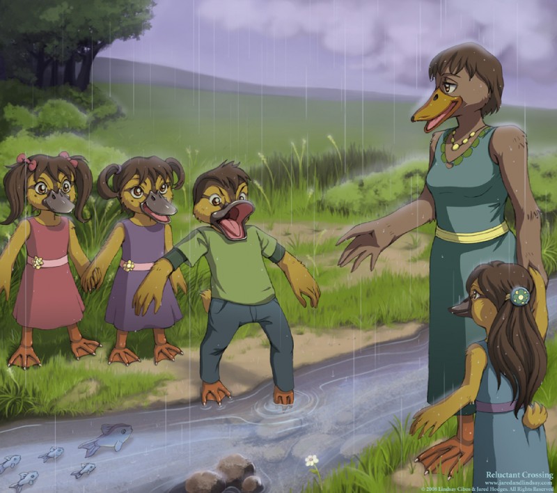 anthro avian_feet barefoot breasts family feet female flower grass group male membrane_(anatomy) non-mammal_breasts plant raining toes tree webbed_feet lindsay_cibos anatid anseriform avian bird duck fish marine