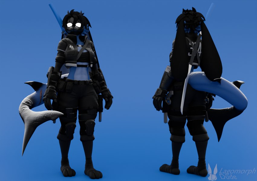 ammo_belt anthro athletic athletic_anthro black_body black_clothing black_fur black_hair blue_background blue_body blue_fur clothing female front_and_back fur glowing glowing_eyes gun hair handgun katana mask melee_weapon ranged_weapon revolver scar shark_tail simple_background solo sword weapon lagomorph_dude warfaremachine_(modeler) blender_cycles domi_(domibun) fish hybrid lagomorph leporid mammal marine rabbit shark 3d_(artwork) blender_(artwork) digital_media_(artwork) watermark