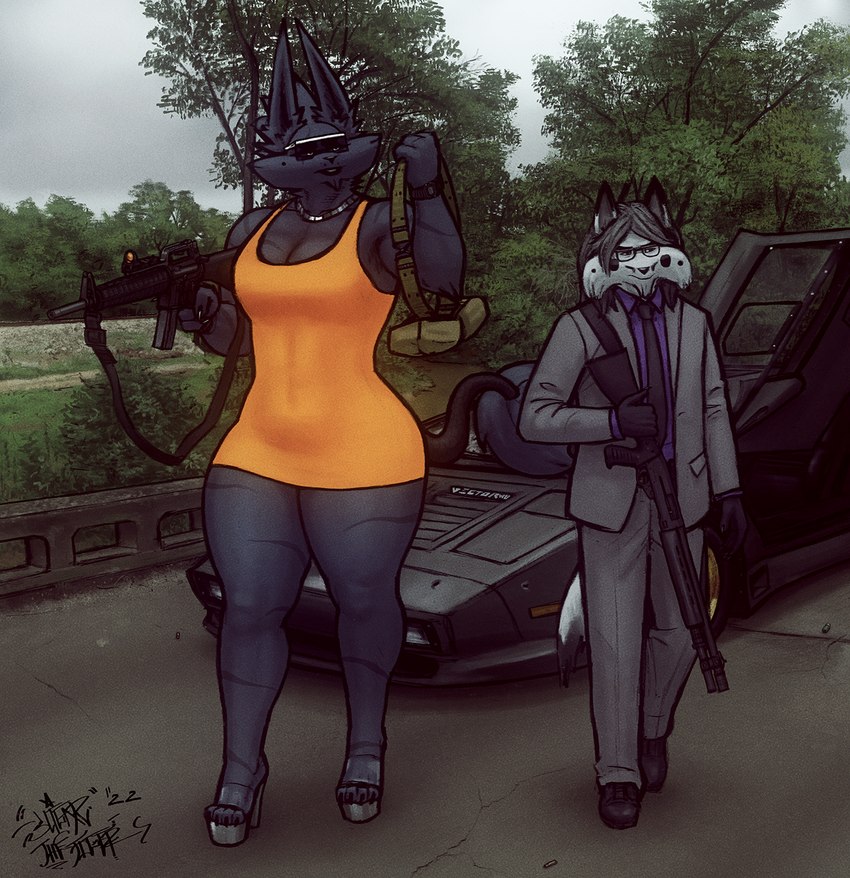 anthro assault_rifle black_body black_fur breasts car cleavage clock clothed clothing dress duo eyewear female fingers footwear fur glasses grey_body grey_fur grey_hair gun hair high_heels jewelry lips male multicolored_body multicolored_fur necklace outside plant ranged_weapon rifle shoes shotgun standing striped_body striped_fur stripes suit sunglasses thick_bottom_lip thick_thighs tight_clothing tree vehicle watch weapon white_body white_fur wide_hips sligarthetiger vector_w8 dubmare sligar canid canine canis coyote fox hybrid mammal wolf 2022 hi_res signature