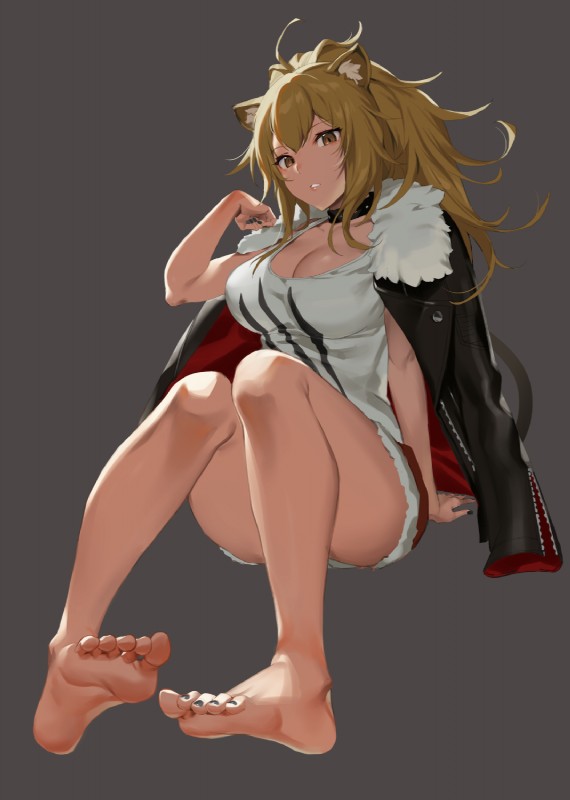 barefoot blonde_hair bomber_jacket breasts cleavage clothed clothing collar colored_nails feet female hair humanoid_feet jacket nails plantigrade shirt soles solo topwear ikomochi arknights hypergryph studio_montagne siege_(arknights) animal_humanoid felid felid_humanoid humanoid lion_humanoid mammal mammal_humanoid pantherine pantherine_humanoid 2020 hi_res