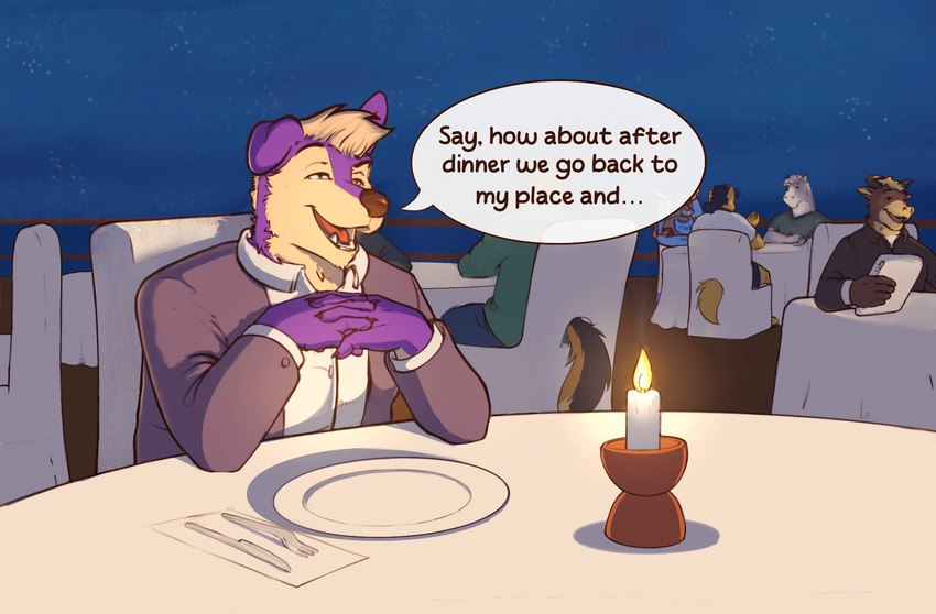 anthro bedroom_eyes blue_eyes brown_eyes candle candle_holder candlelight chair clothing cosmic_background date dialogue dinner flirting floppy_ears fur furgonomics furniture group hair heterochromia interlocked_fingers light male narrowed_eyes night outside_view purple_body purple_fur restaurant romantic seductive sitting sky solo starry_background suit tan_body tan_fur tan_hair tennettthedl tennet canid canine canis mammal wolf hi_res