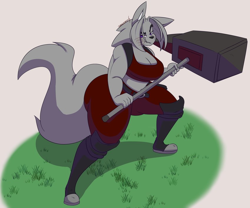 5_fingers action_pose alternate_species anthro belt big_breasts black_belt boots bottomwear breasts cleavage clothed clothing female fingers fluffy fluffy_tail footwear fur grass grey_body grey_fur grey_hair hair hammer holding_hammer holding_melee_weapon holding_object holding_tool holding_weapon looking_at_viewer melee_weapon midriff pants plant pose purple_eyes red_bottomwear red_clothing red_pants red_topwear shoes simple_background solo standing tail thick_thighs tools topwear warhammer weapon dewwydarts may_(dewwydarts) canid canine canis hybrid jackal mammal wolf 2022 hi_res