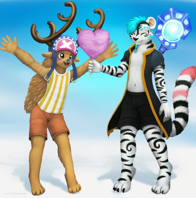 alternate_form anthro antlers blush candy clothed clothing cotton_candy dessert duo food fur hair horn male open_mouth paint simple_background smile staff standing jamesfoxbr one_piece tony_tony_chopper tony_tony_chopper_(horn_point_form) deer felid horn_point mammal new_world_deer pantherine reindeer tiger 2015 digital_media_(artwork) digital_painting_(artwork) hi_res shaded