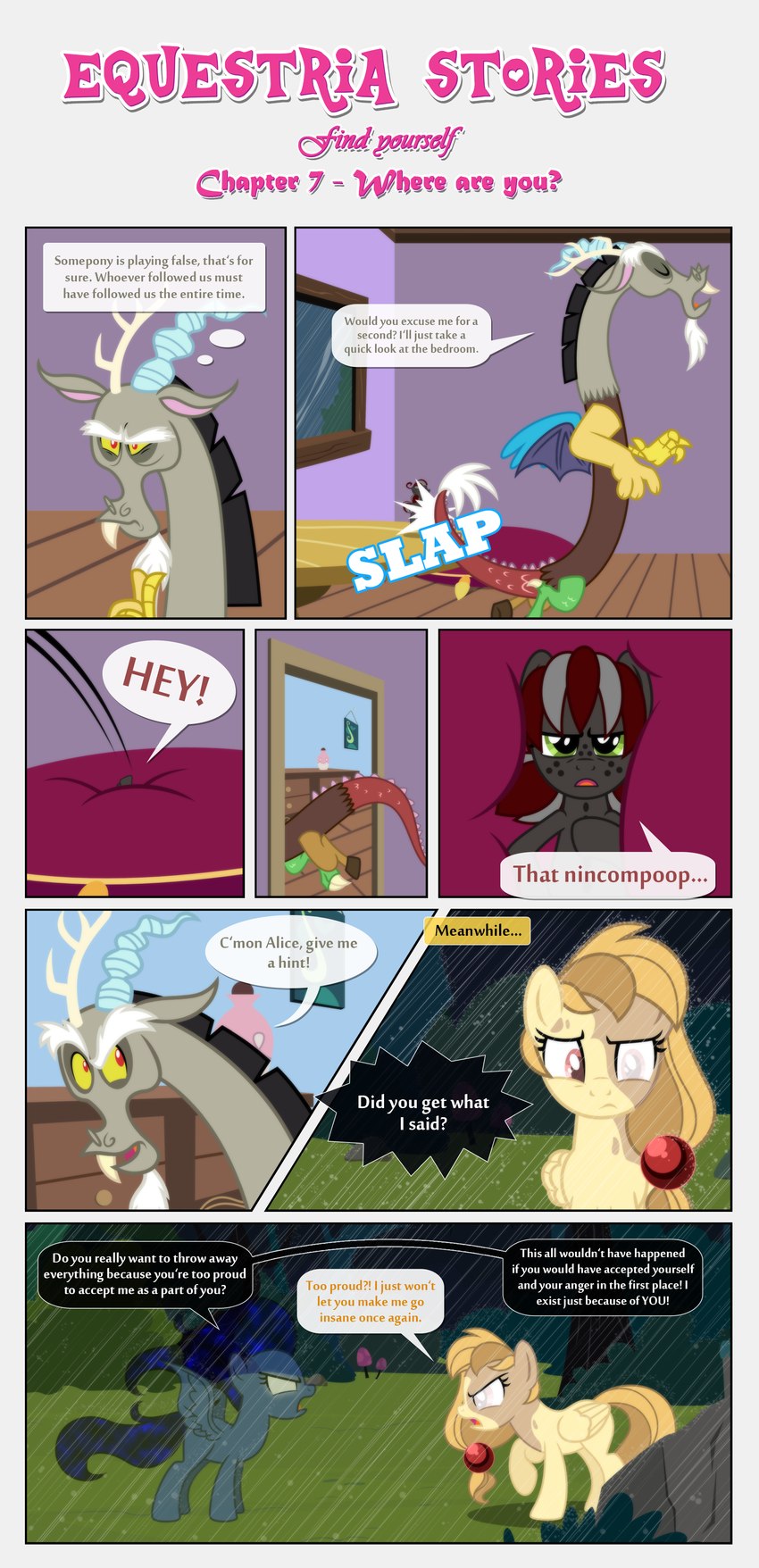 alice goldenfeather, discord, penumbra, and squeaky pitch (friendship is magic and etc) created by estories