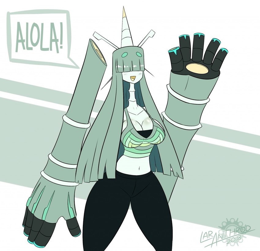 5_fingers breasts cleavage clothed clothing dialogue exclamation_point female fingers floating_arms gem green_gem green_text hair hair_over_eyes navel number open_mouth open_smile simple_background smile solo text tongue wave latiar nintendo pokemon celesteela generation_7_pokemon humanoid pokemon_(species) ultra_beast 2018 artist_name digital_media_(artwork) english_text hi_res