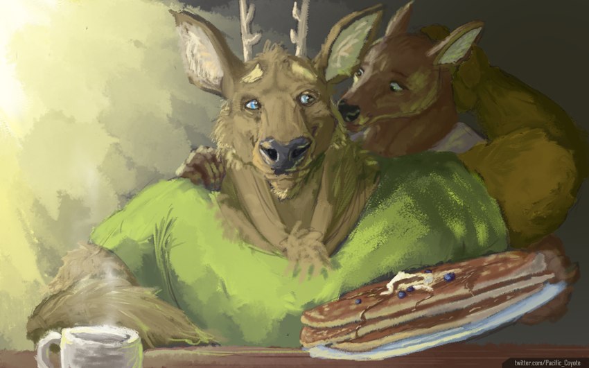 anthro beverage blueberry_(fruit) body_fur breakfast coffee food fruit furniture happy kissing_cheek light pancake plant romantic romantic_couple solo sunlight table text pacific_coyote kent_(pacific_coyote) deer mammal 16:10 2022 painting_(artwork) url widescreen