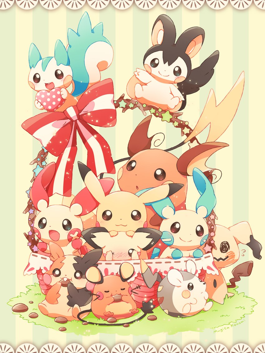 ambiguous_gender anthro basket blush bow_ribbon container covering covering_face eating group in_basket pattern_background semi-anthro simple_background striped_background mugita_konomi nintendo pokemon dedenne emolga generation_1_pokemon generation_2_pokemon generation_3_pokemon generation_4_pokemon generation_5_pokemon generation_6_pokemon generation_7_pokemon generation_8_pokemon mammal mimikyu minun morpeko morpeko_(full_belly_mode) pachirisu pichu pikachu plusle pokemon_(species) raichu rodent togedemaru hi_res signature