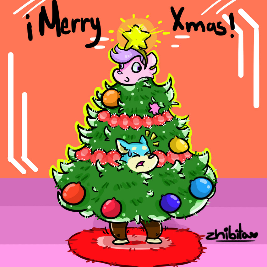 anthro christmas_tree duo holidays male male/male plant tree zhibita christmas candykat_(character) zhibita_(character) canid canine canis domestic_dog felid feline mammal shiba_inu spitz 1:1 digital_media_(artwork)