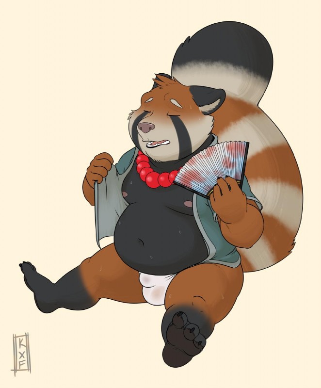 anthro belly biped black_body black_fur bodily_fluids bulge clothed clothing eyes_closed fur male moobs navel nipples open_clothing open_shirt open_topwear overweight overweight_anthro overweight_male shirt simple_background sitting solo sweat topwear underwear kronexfire ailurid mammal red_panda 2019 hi_res