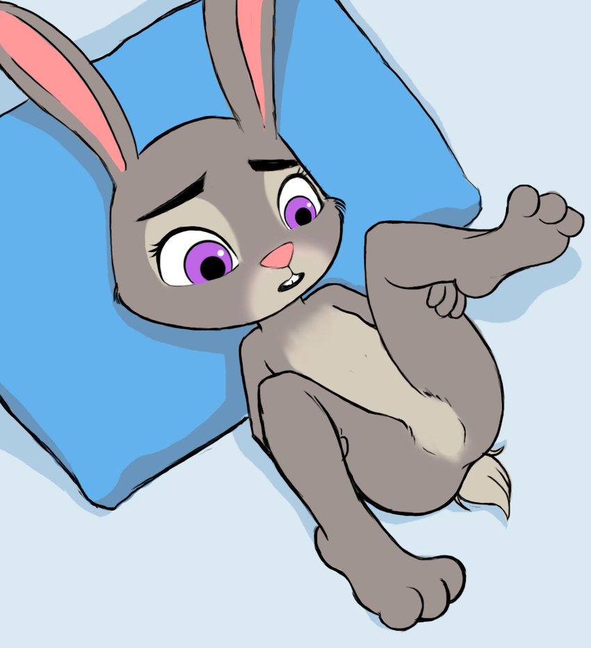 anthro featureless_chest featureless_crotch feet female flat_chested fur grey_body grey_fur legs_up looking_down lying nude null on_back open_mouth pillow purple_eyes solo spread_legs spreading tail teeth young young_anthro young_female g_reaper disney zootopia judy_hopps lagomorph leporid mammal rabbit full-length_portrait portrait unavailable_at_source