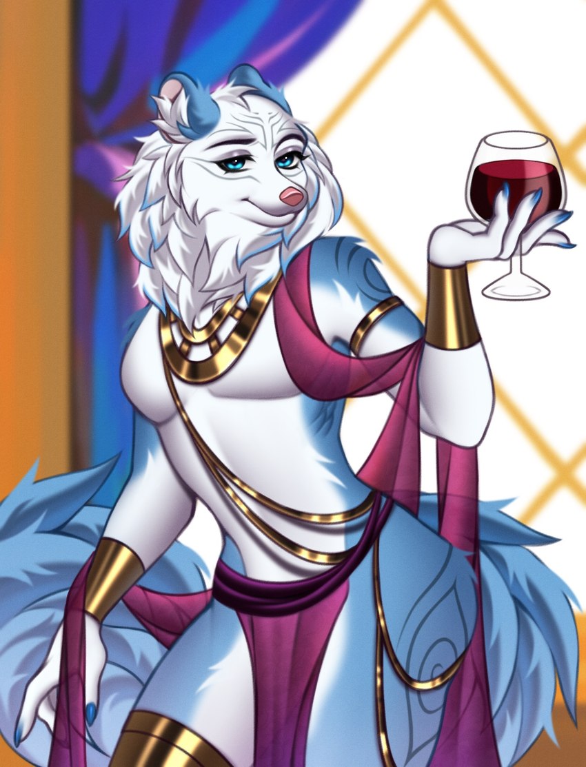 alcohol anthro arm_tattoo belly_dancer belly_dancing bellydancer_outfit beverage blue_body blue_eyes blue_fur bracelet cheek_tuft clothed clothed_anthro clothing collar container costume cup drinking_glass eyelashes facial_tattoo facial_tuft femboy fluffy fluffy_tail fur glass glass_container glass_cup gold_(metal) gold_jewelry jewelry leg_tattoo male multicolored_body multicolored_fur neck_tuft necklace pink_nose servant silk slave smile solo tail tattoo topless topless_anthro topless_male tuft wine wine_glass conditional_dnp shimisen arctic_fox canid canine fox mammal true_fox hi_res