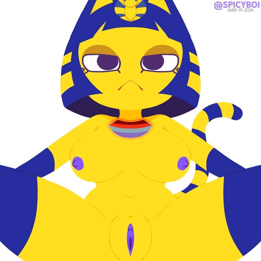 anthro areola big_breasts blue_body blue_fur blue_hair breasts clothing egyptian egyptian_clothing egyptian_headdress eyelashes female front_view fur genitals hair labia_minora markings navel nipples nude presenting presenting_pussy purple_areola purple_eyes purple_nipples purple_pussy pussy short_hair simple_background solo spread_legs spreading striped_markings striped_tail stripes style_emulation tail tail_markings thick_thighs uraeus usekh white_background wide_hips yellow_body yellow_fur spicyboi animal_crossing ankha_zone nintendo ankha_(animal_crossing) domestic_cat felid feline felis mammal 1:1 hi_res