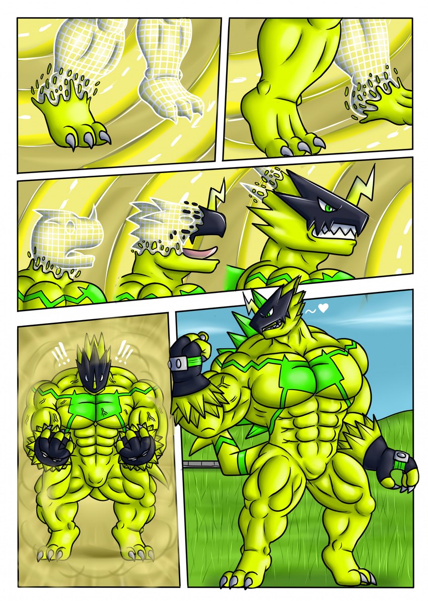 3_fingers 3_toes abs anthro back_spikes back_spines big_muscles big_pecs body_size_growth bulge claws clothing evolution evolution_(transformation) expansion feet finger_claws fingers flexing flexing_bicep flexing_muscles gloves growth handwear horn horn_growth huge_muscles long_snout male mask muscle_growth muscular muscular_anthro muscular_arms muscular_legs muscular_male muscular_thighs nude pecs size_transformation snout solo species_transformation spikes spikes_(anatomy) spines tail toe_claws toes transformation transformation_sequence transformation_through_technology vein veiny_muscles wireframe yellow_body regulartf bandai_namco digimon animal_humanoid bulkmon digimon_(species) humanoid scalie scalie_humanoid 2024 colored comic digital_drawing_(artwork) digital_media_(artwork) hi_res sequence