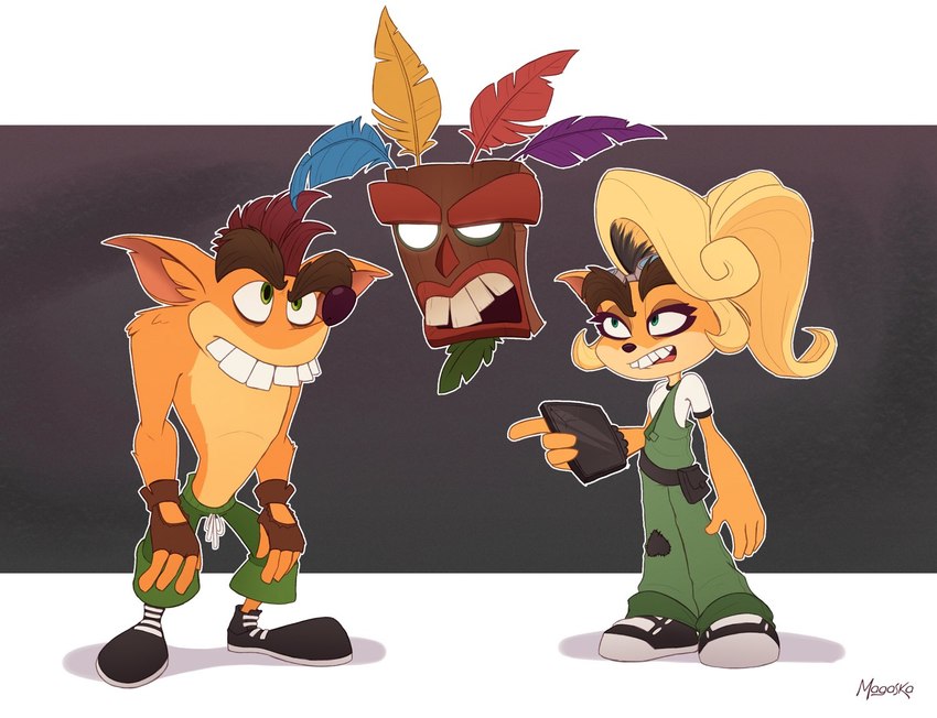 anthro clothing eye_contact female footwear fur group hair long_hair looking_at_another male mask shoes simple_background magaska19 activision crash_bandicoot_(series) aku_aku fake_coco trash_bandicoot animate_inanimate bandicoot living_clothing living_mask mammal marsupial 2021 signature