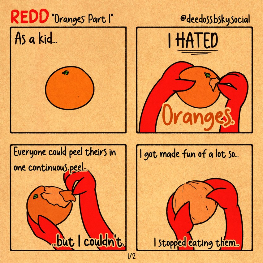 ambiguous_gender anthro cardboard comic_panel dialogue food fruit fur male orange_(fruit) peeling plant red_body red_fur simple_background simple_eyes simple_face solo text deedoss redd_(deedoss) canid canine canis fox mammal wolf 1:1 absurd_res comic english_text hi_res huge_filesize