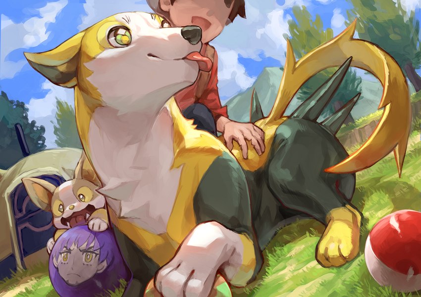 5_fingers ambiguous_gender clothed clothing cloud feral fingers grass group hair open_mouth open_smile paws plant smile tail tongue tongue_out tree trio wolftapioca nintendo pokemon boltund canid canine generation_8_pokemon human mammal pokemon_(species) yamper absurd_res hi_res