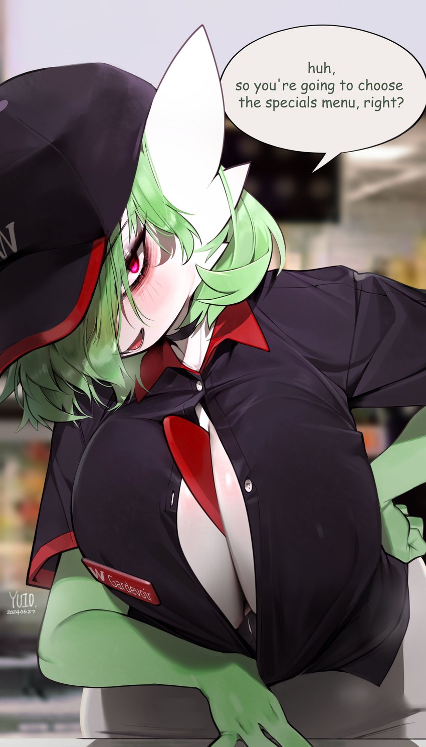 anthro big_breasts biped blurred_background bottomwear breasts cleavage clothed clothing dialogue eyelashes female green_body green_hair hair looking_at_viewer red_eyes skirt solo speech_bubble text white_body yuio nintendo pokemon gardevoir generation_3_pokemon mammal pokemon_(species) 4:7 absurd_res english_text hi_res